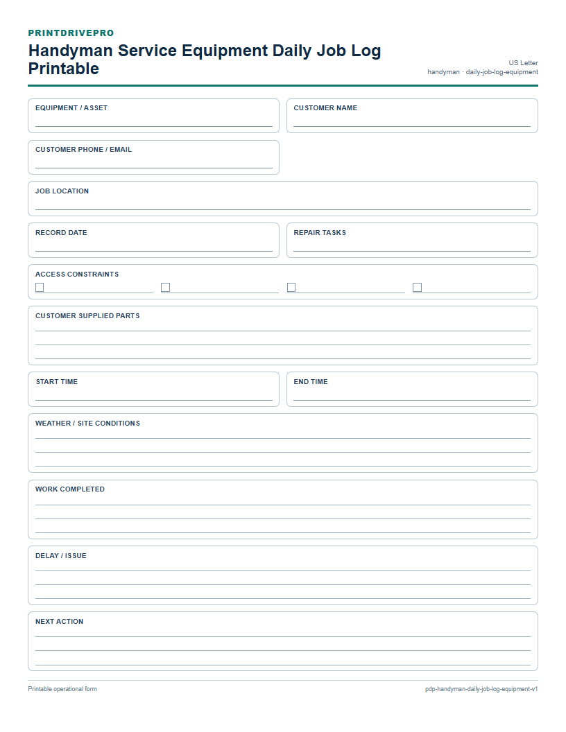 Handyman Service Equipment Daily Job Log Printable preview