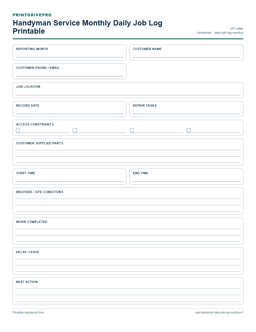 Handyman Service Monthly Daily Job Log Printable preview