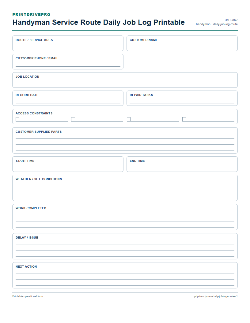 Handyman Service Route Daily Job Log Printable preview