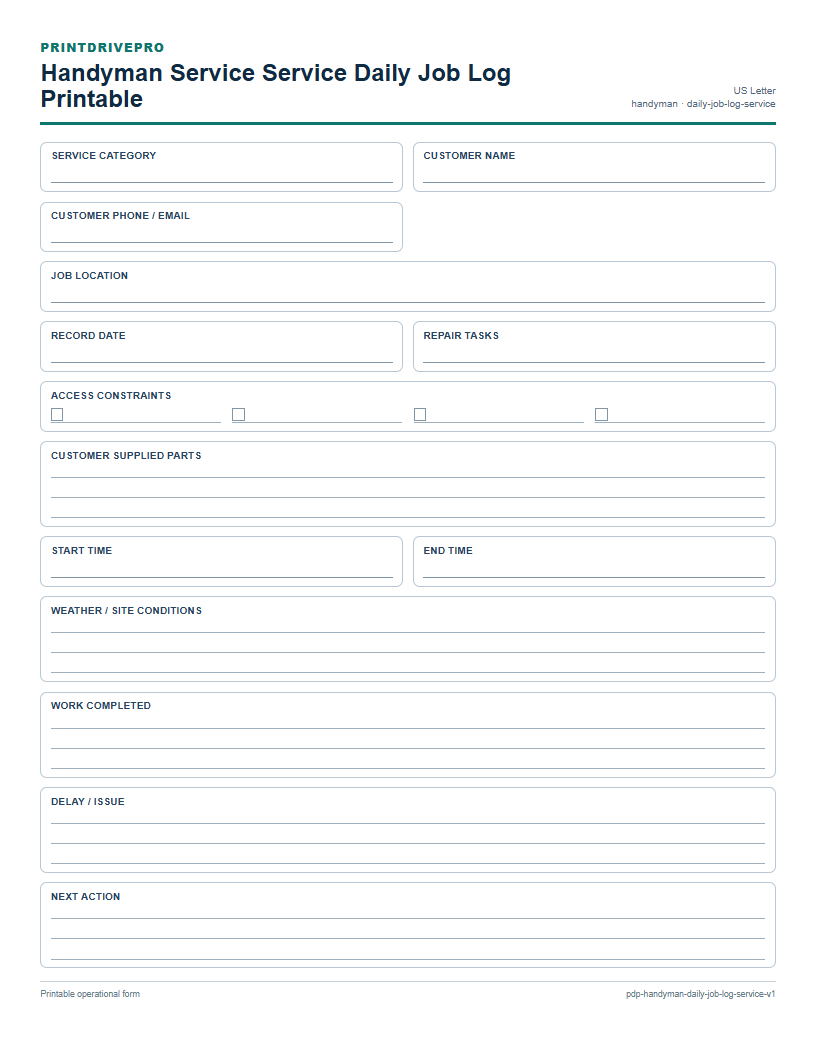 Handyman Service Service Daily Job Log Printable preview