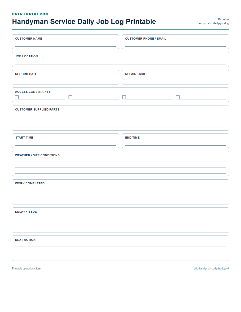 Handyman Service Daily Job Log Printable preview