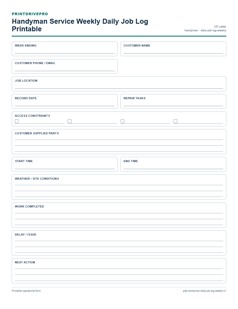 Handyman Service Weekly Daily Job Log Printable preview