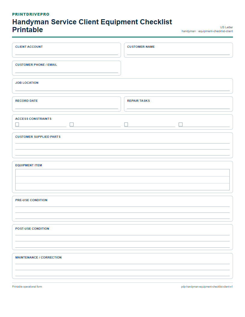 Handyman Service Client Equipment Checklist Printable preview