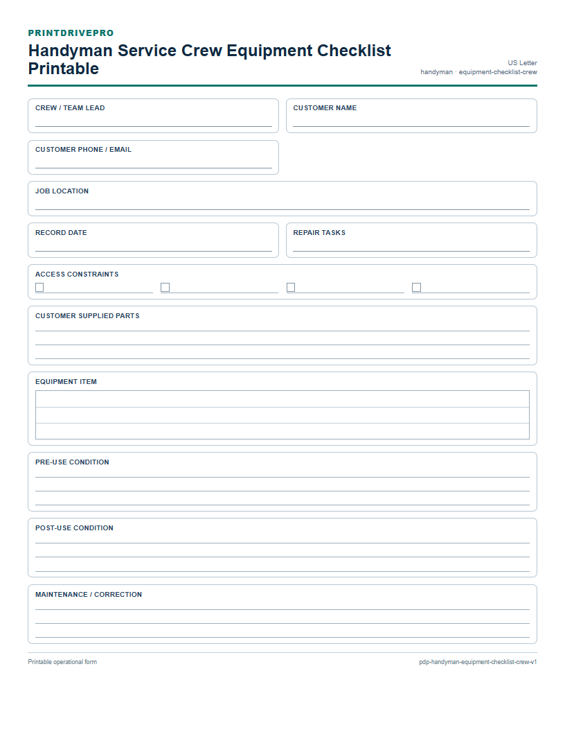 Handyman Service Crew Equipment Checklist Printable preview