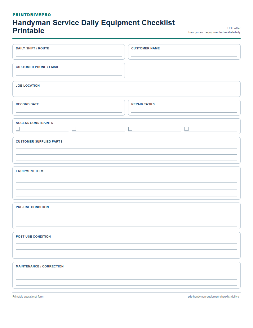Handyman Service Daily Equipment Checklist Printable preview