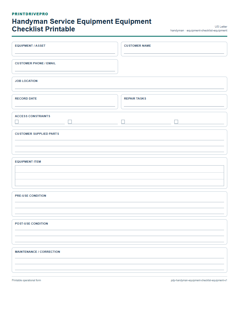 Handyman Service Equipment Equipment Checklist Printable preview