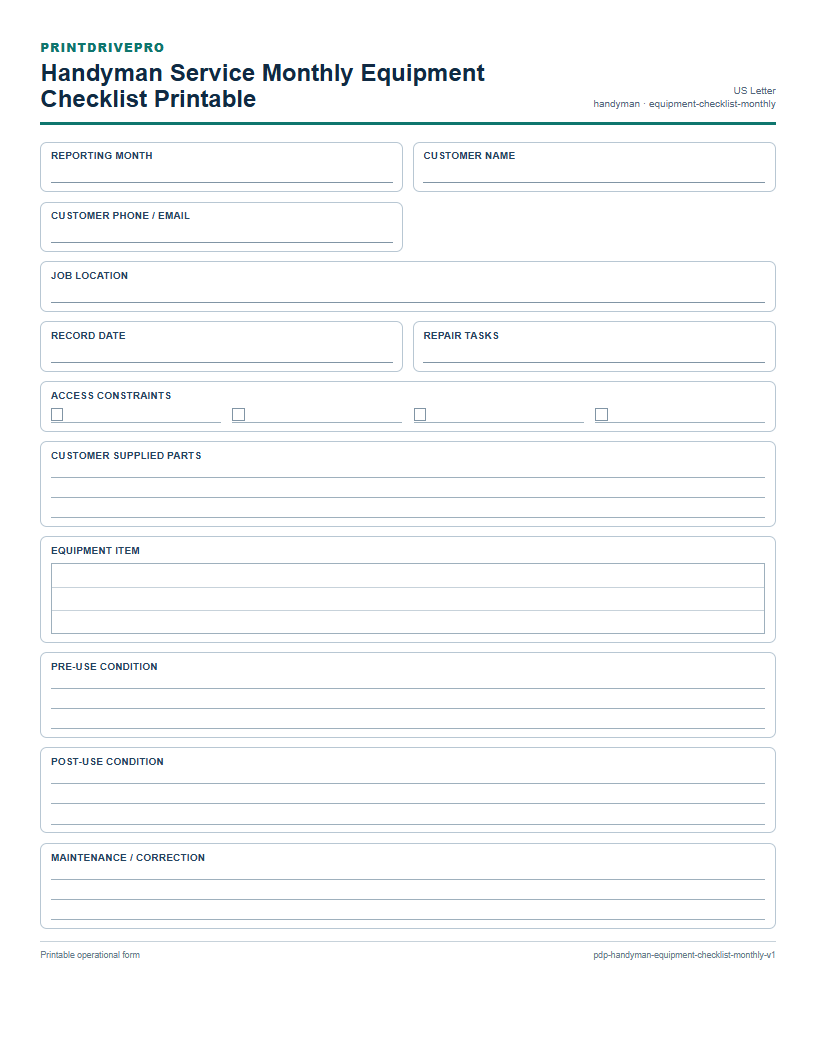 Handyman Service Monthly Equipment Checklist Printable preview