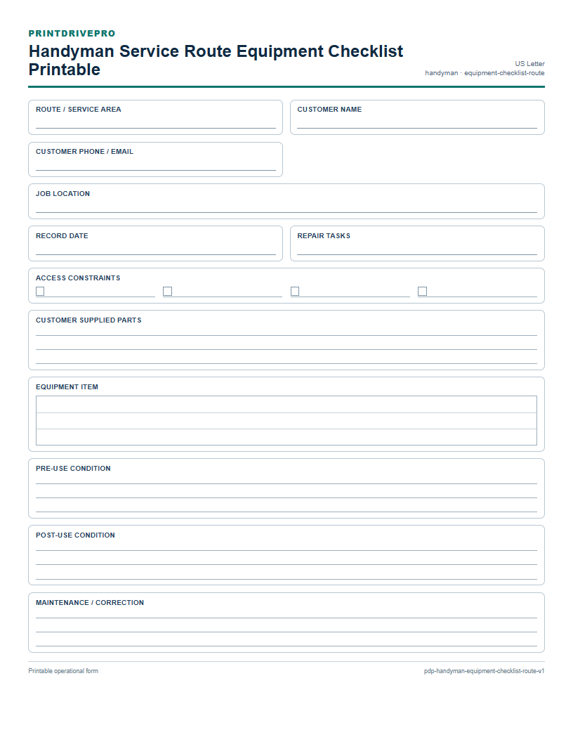 Handyman Service Route Equipment Checklist Printable preview