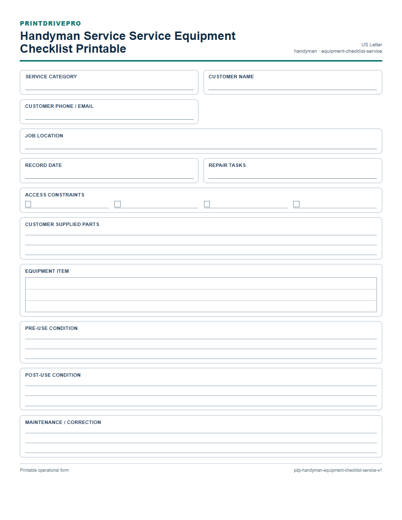 Handyman Service Service Equipment Checklist Printable preview