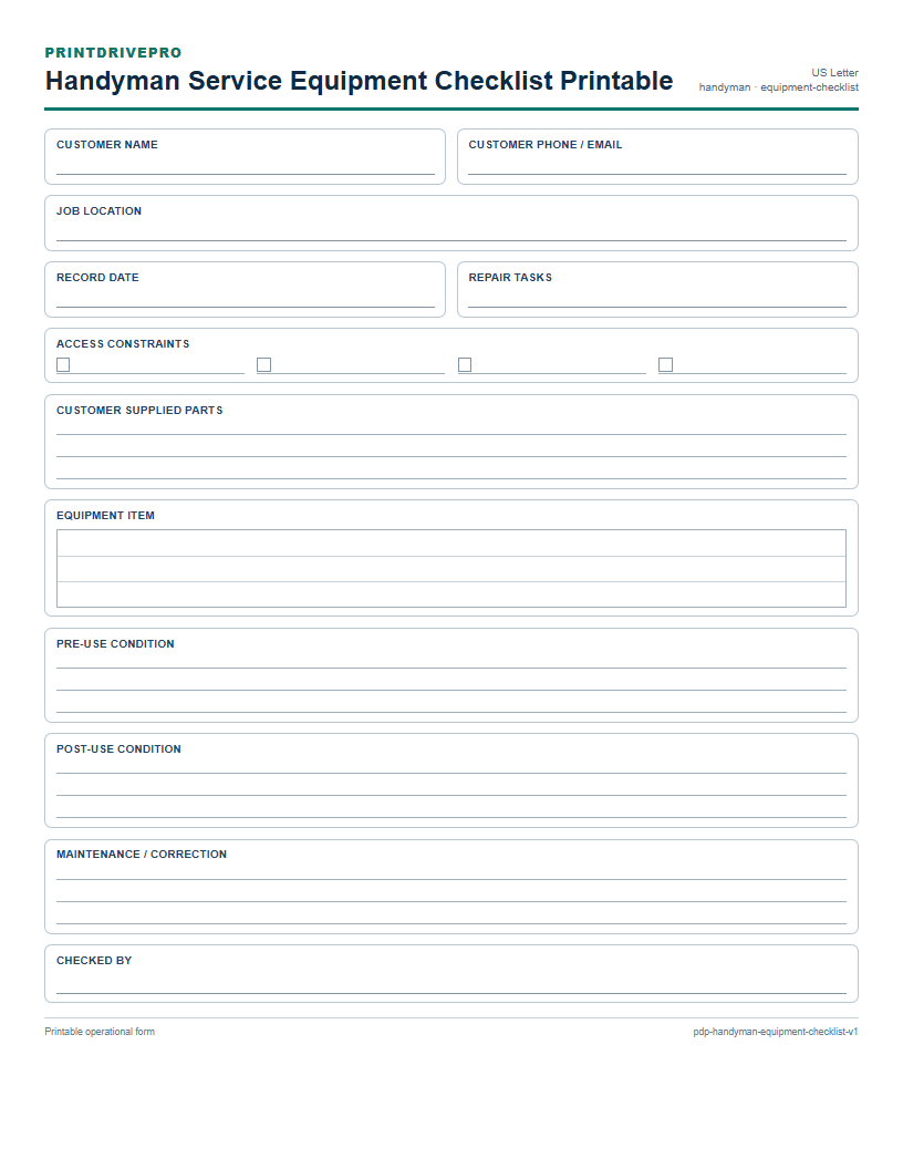Handyman Service Equipment Checklist Printable preview