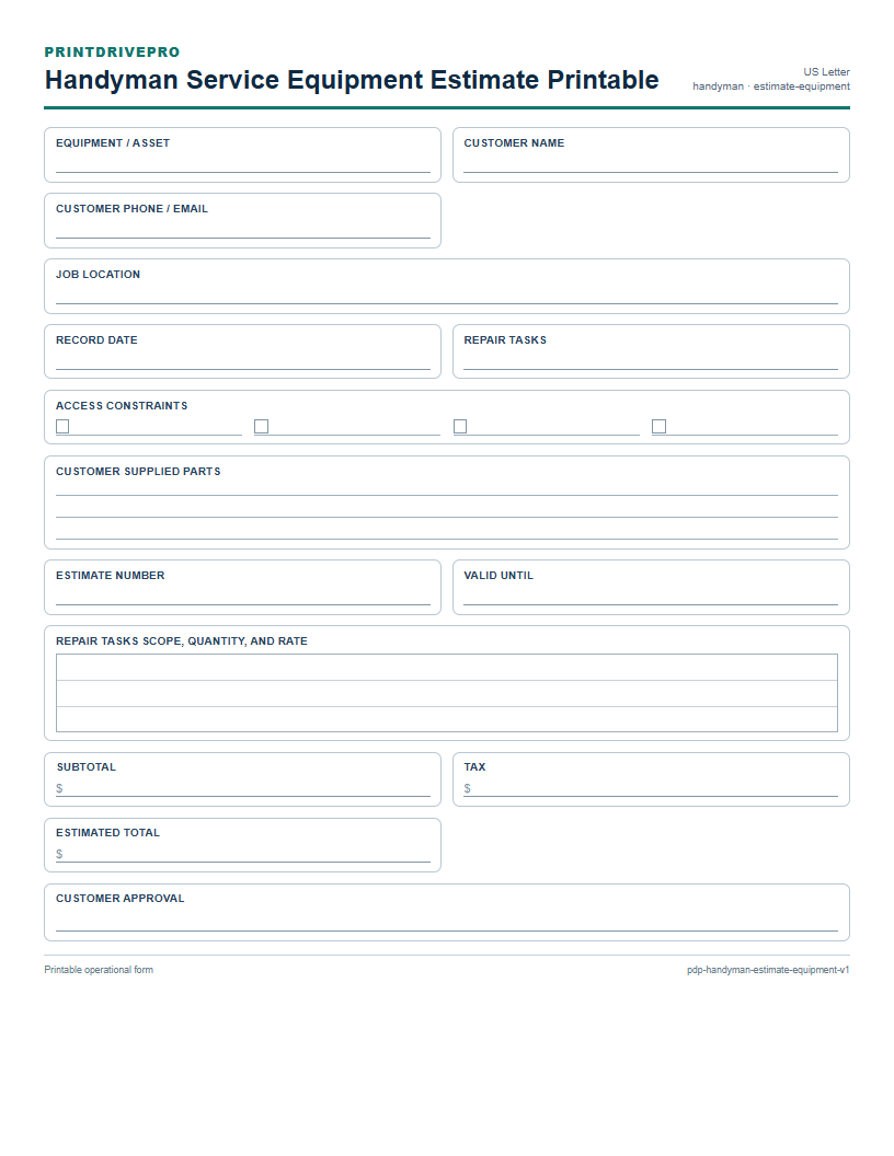 Handyman Service Equipment Estimate Printable preview