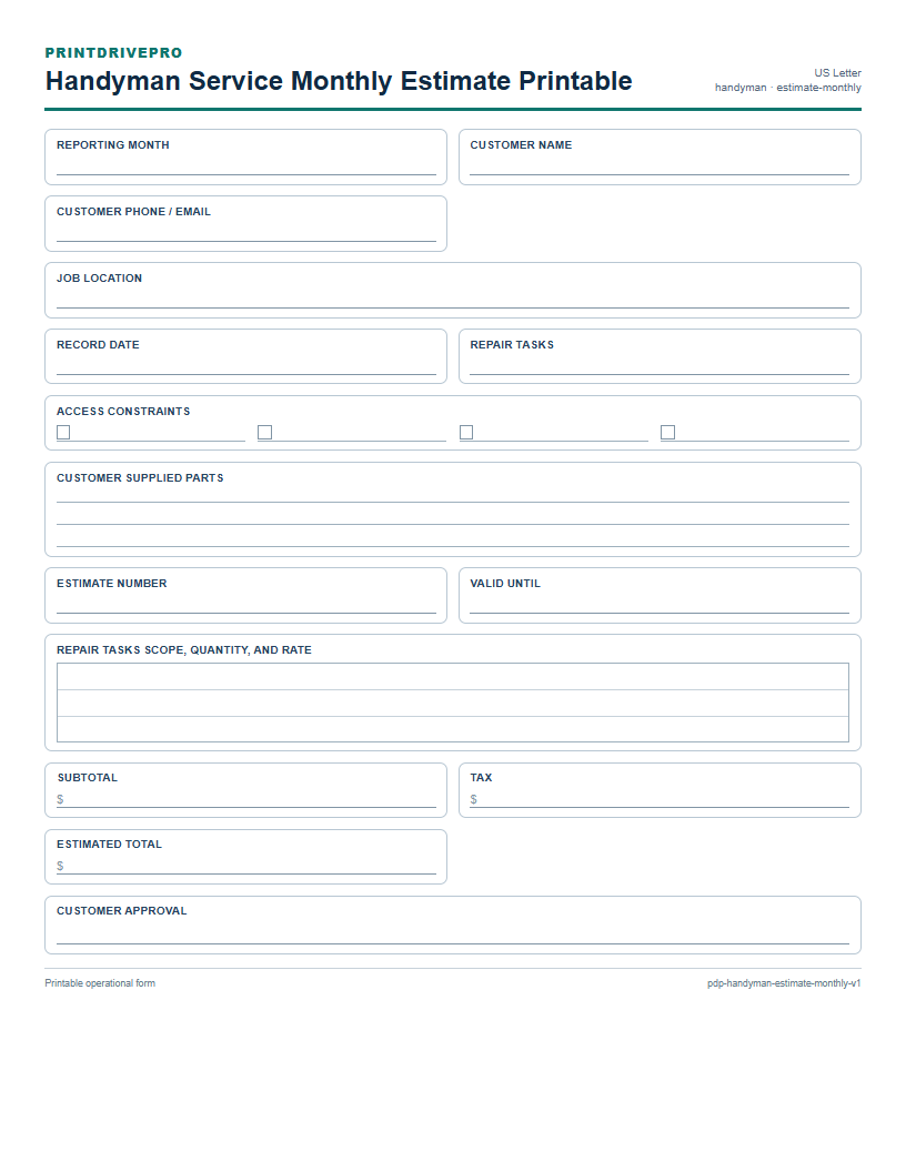 Handyman Service Monthly Estimate Printable preview