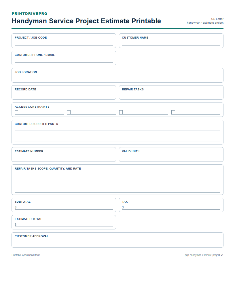 Handyman Service Project Estimate Printable preview
