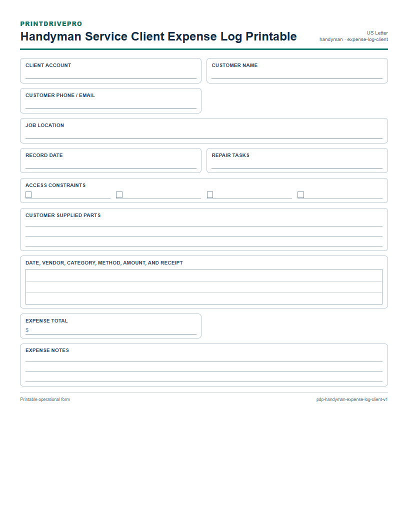 Handyman Service Client Expense Log Printable preview