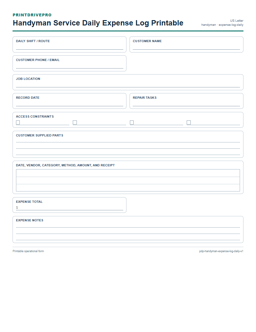 Handyman Service Daily Expense Log Printable preview
