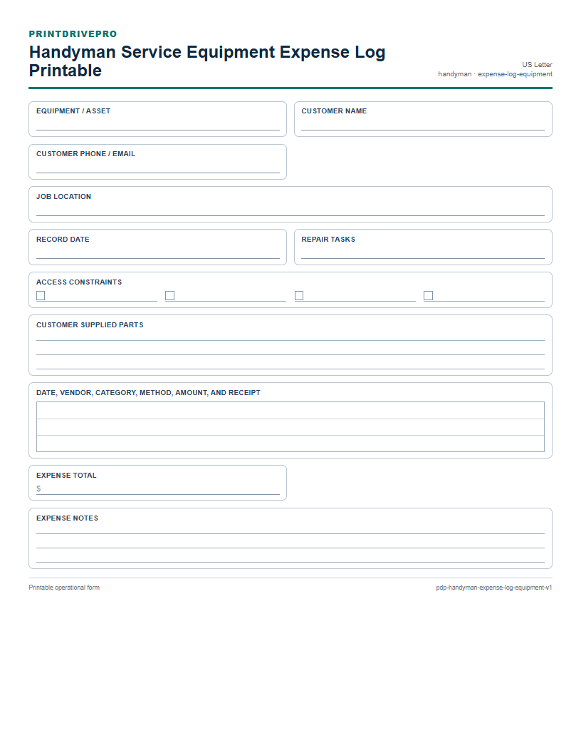 Handyman Service Equipment Expense Log Printable preview