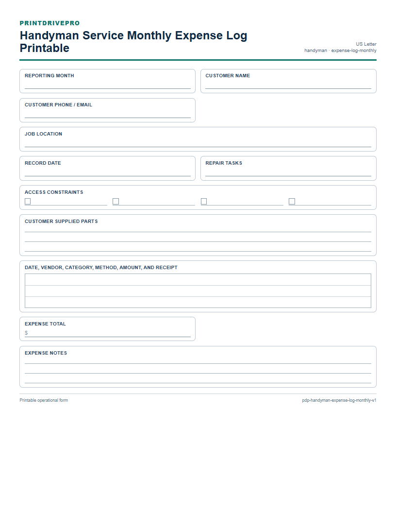 Handyman Service Monthly Expense Log Printable preview