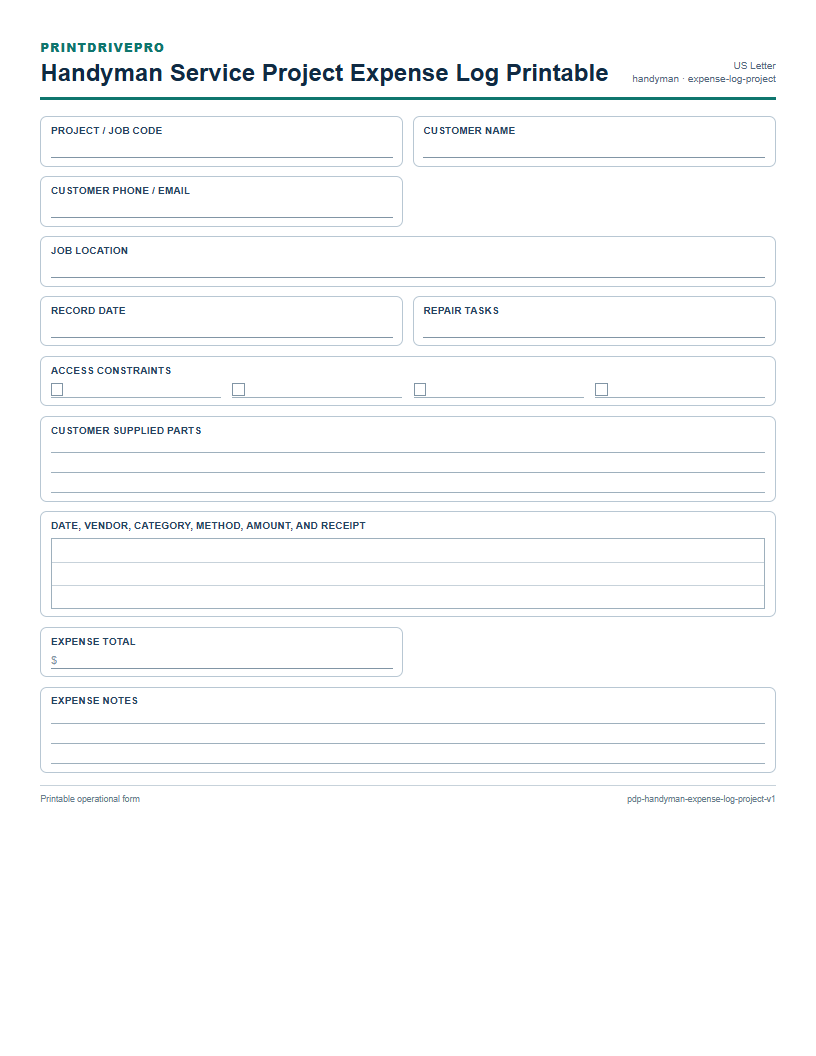 Handyman Service Project Expense Log Printable preview