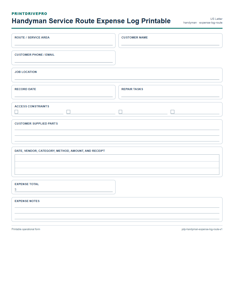 Handyman Service Route Expense Log Printable preview