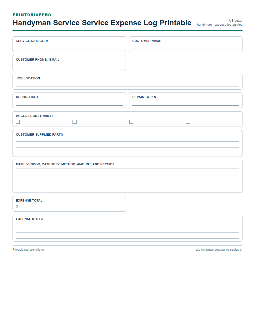 Handyman Service Service Expense Log Printable preview