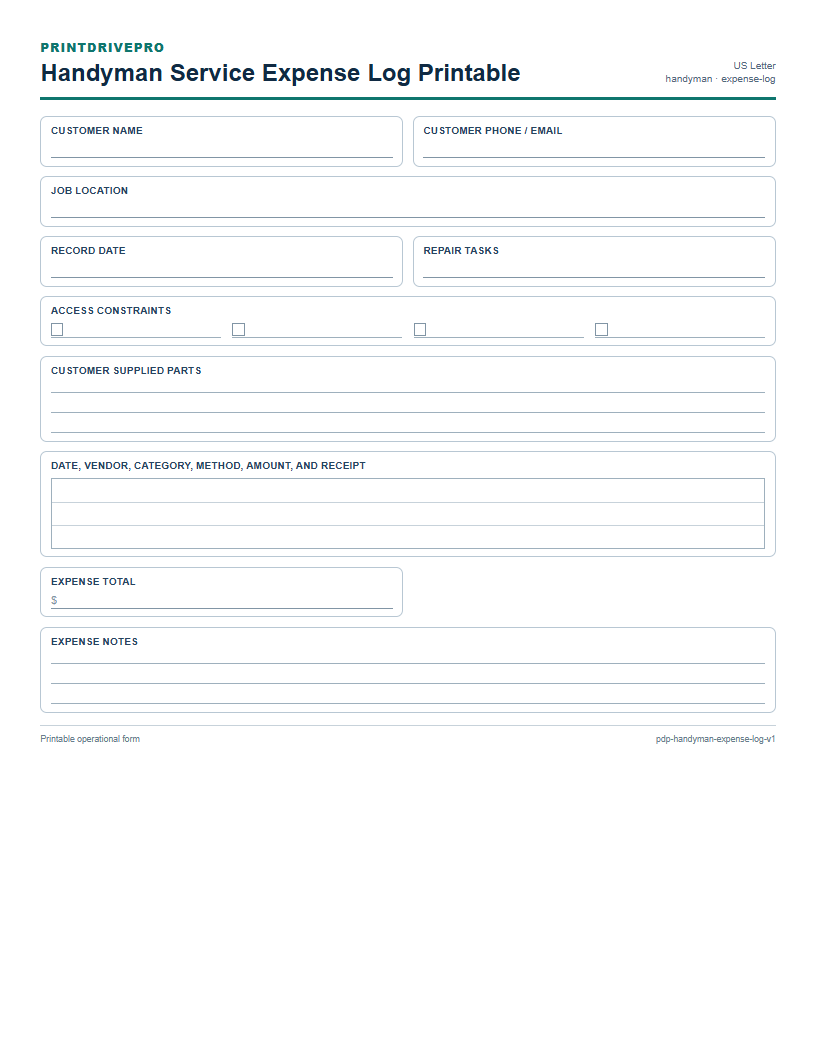 Handyman Service Expense Log Printable preview