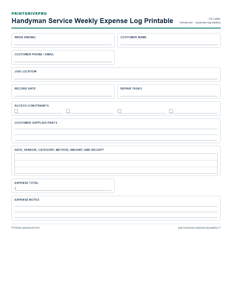 Handyman Service Weekly Expense Log Printable preview