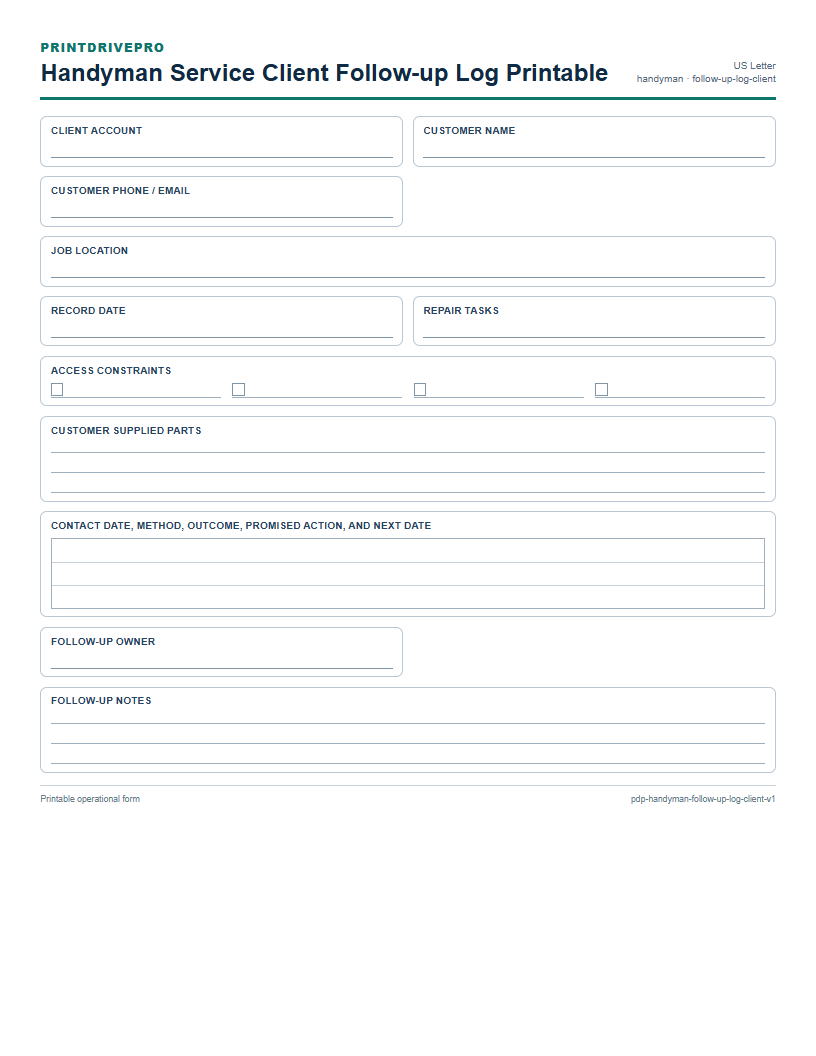 Handyman Service Client Follow-up Log Printable preview