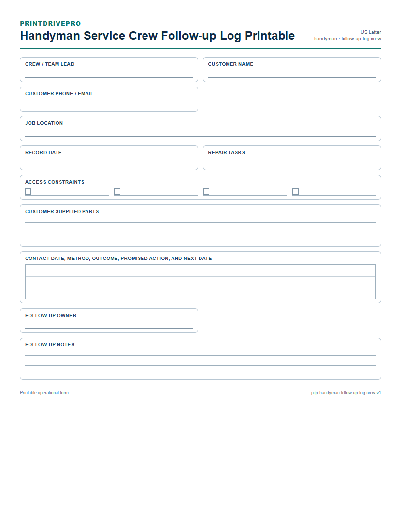 Handyman Service Crew Follow-up Log Printable preview