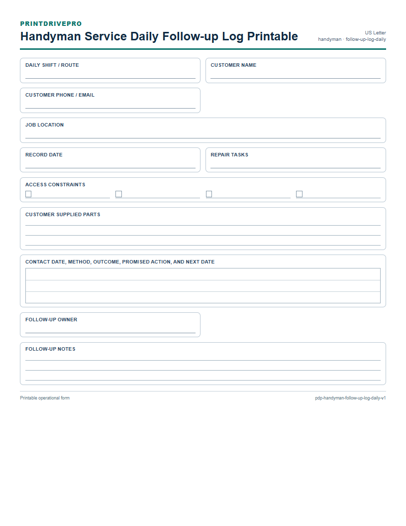 Handyman Service Daily Follow-up Log Printable preview