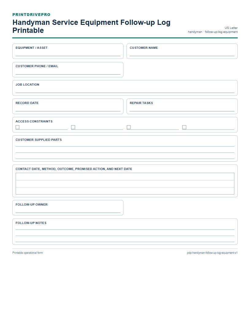 Handyman Service Equipment Follow-up Log Printable preview