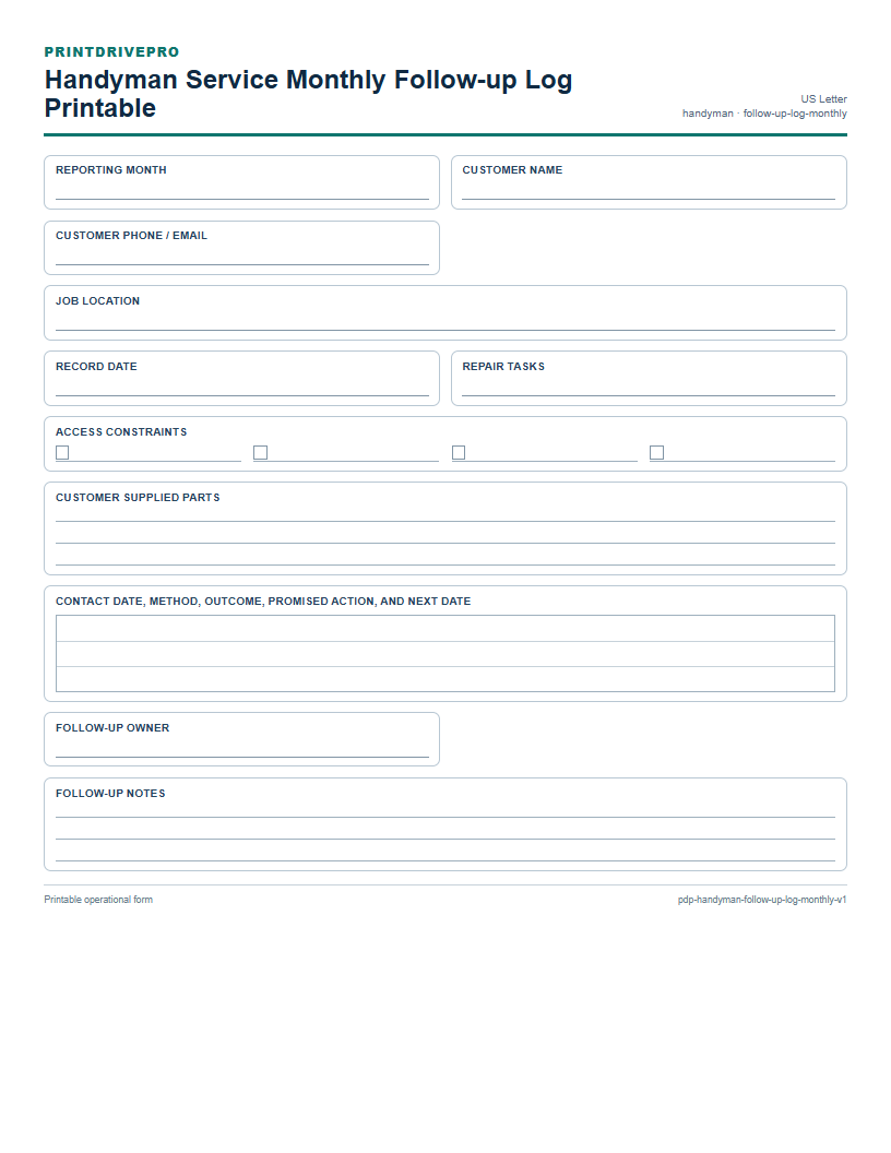 Handyman Service Monthly Follow-up Log Printable preview