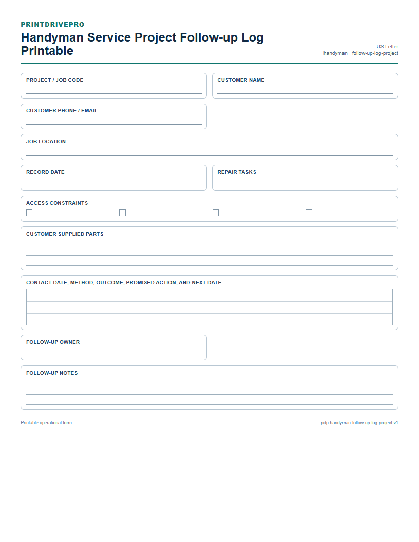 Handyman Service Project Follow-up Log Printable preview