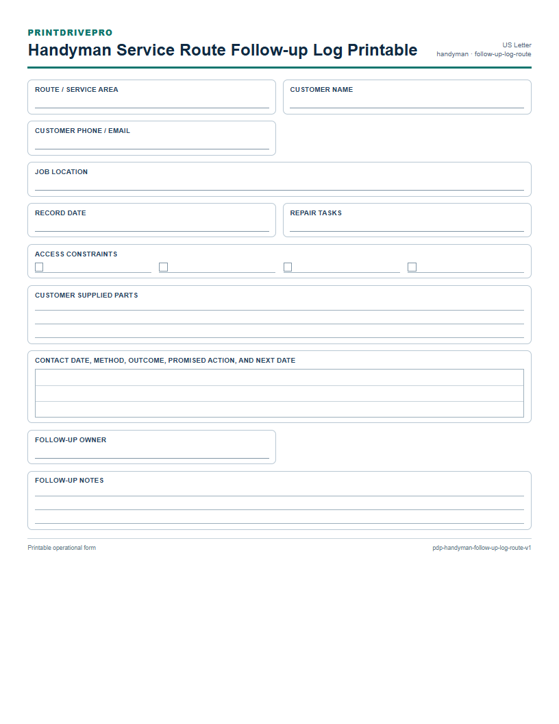 Handyman Service Route Follow-up Log Printable preview