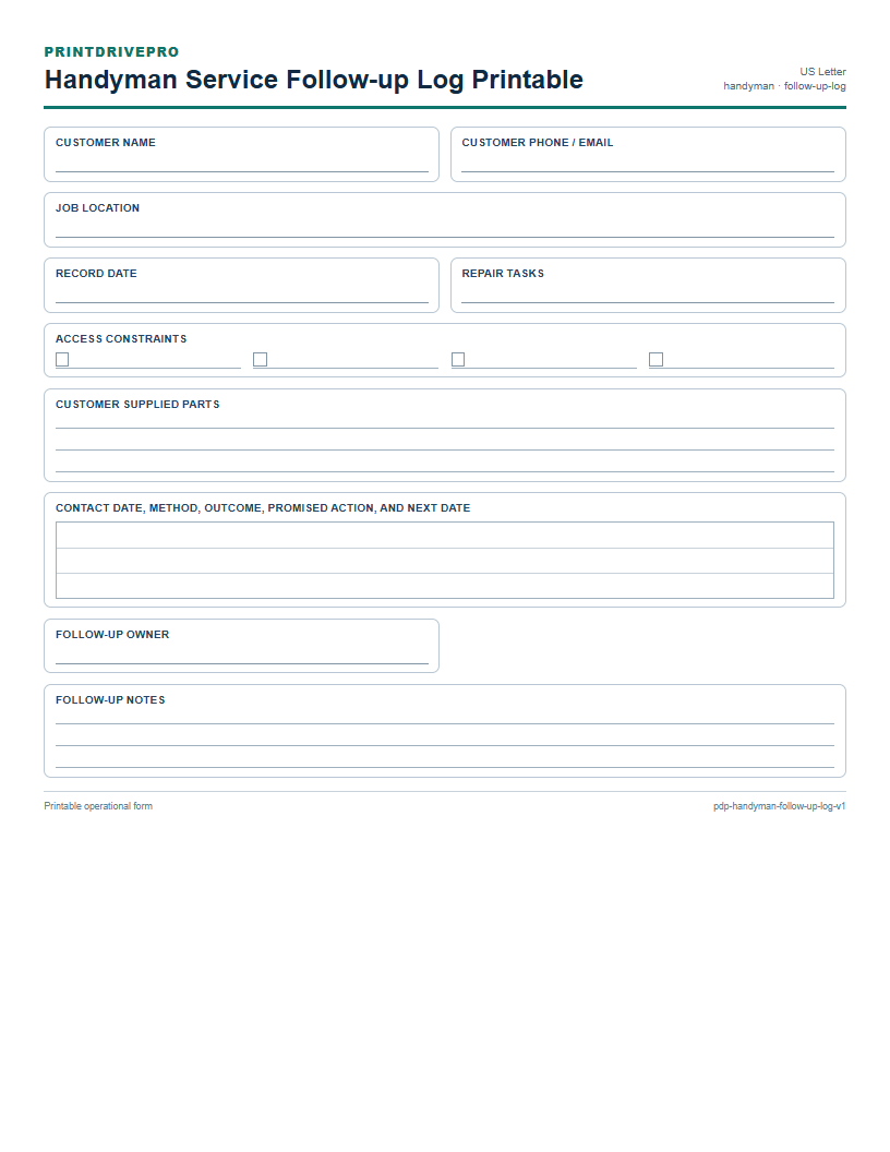 Handyman Service Follow-up Log Printable preview