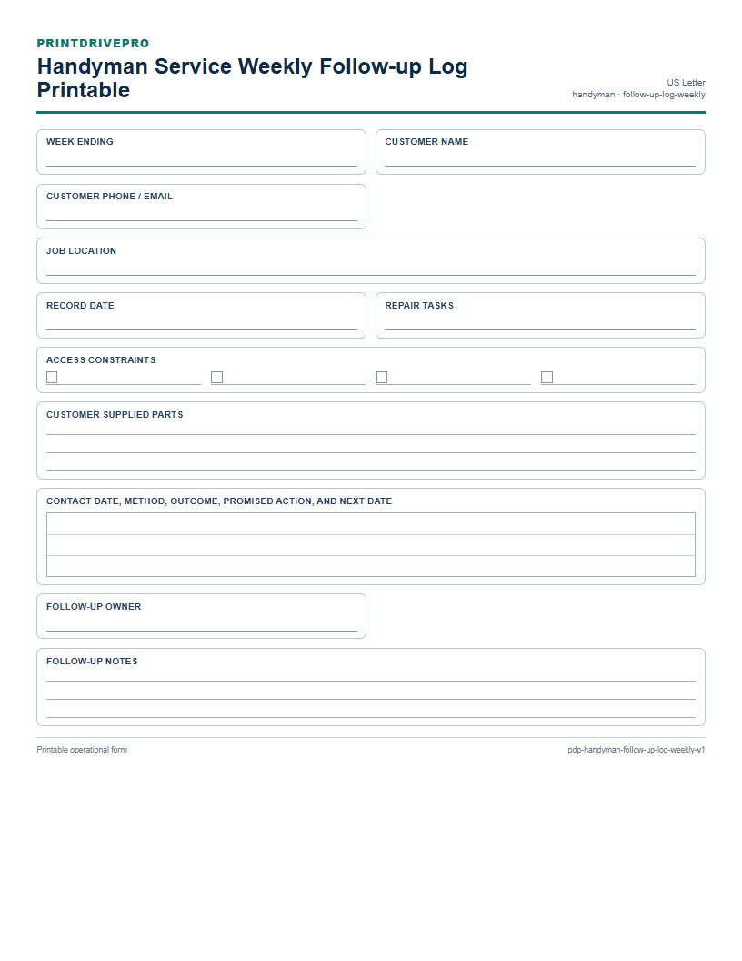 Handyman Service Weekly Follow-up Log Printable preview