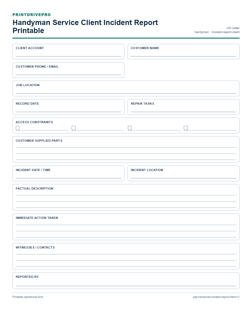 Handyman Service Client Incident Report Printable preview