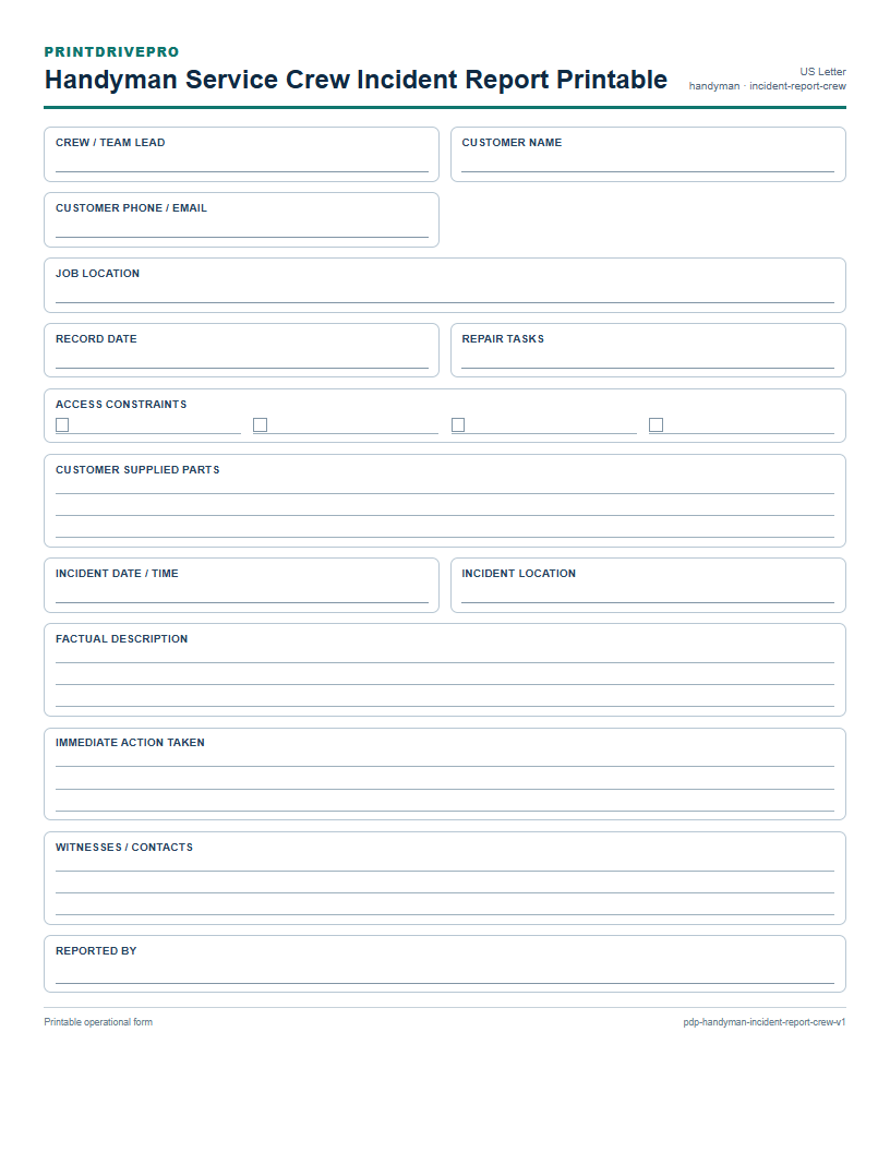 Handyman Service Crew Incident Report Printable preview