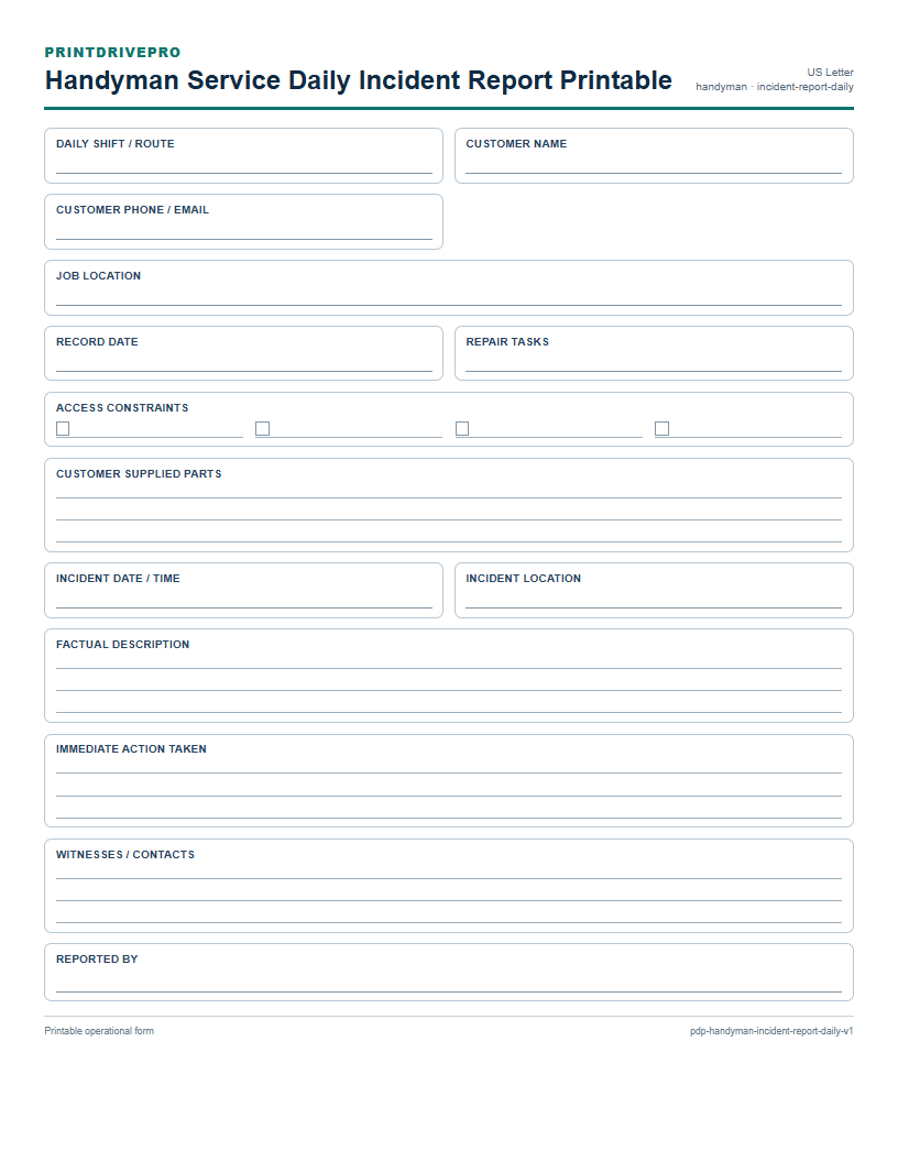 Handyman Service Daily Incident Report Printable preview