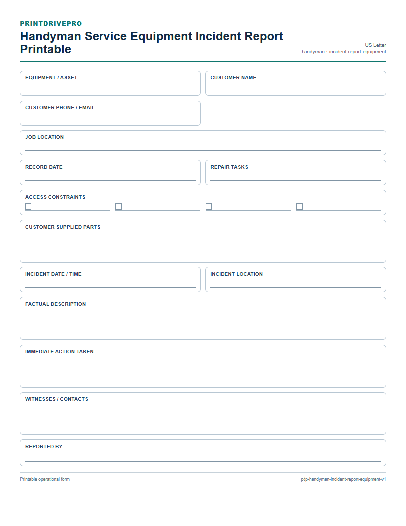 Handyman Service Equipment Incident Report Printable preview