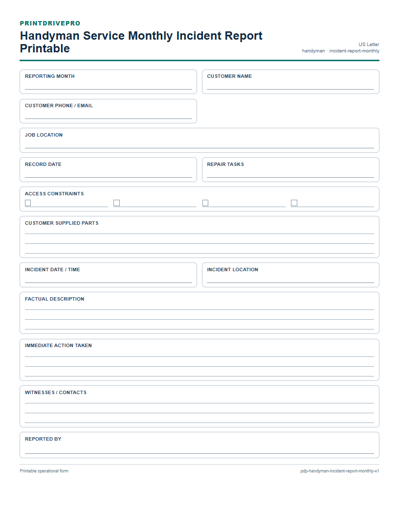 Handyman Service Monthly Incident Report Printable preview