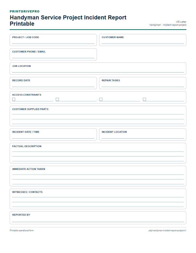 Handyman Service Project Incident Report Printable preview