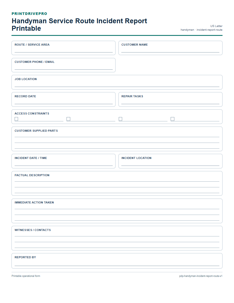 Handyman Service Route Incident Report Printable preview