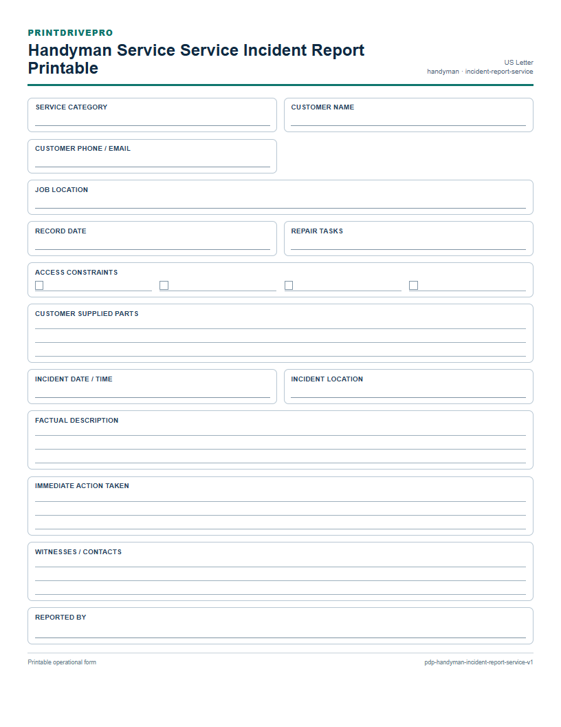 Handyman Service Service Incident Report Printable preview