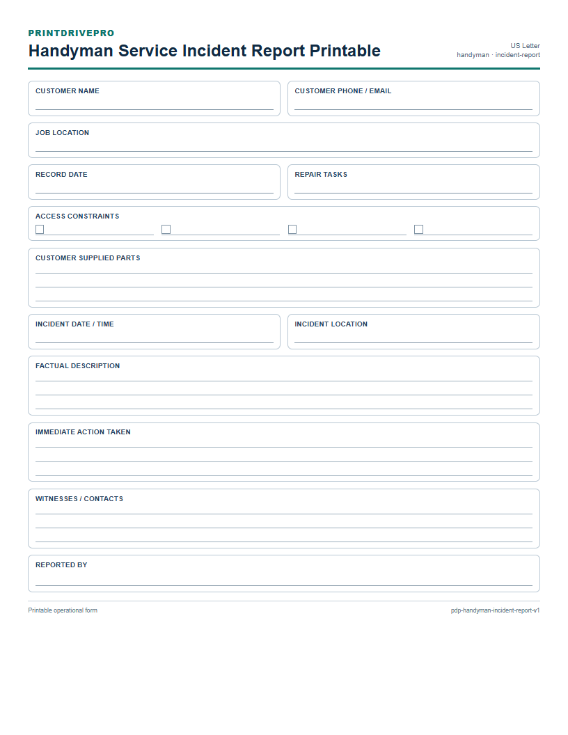 Handyman Service Incident Report Printable preview