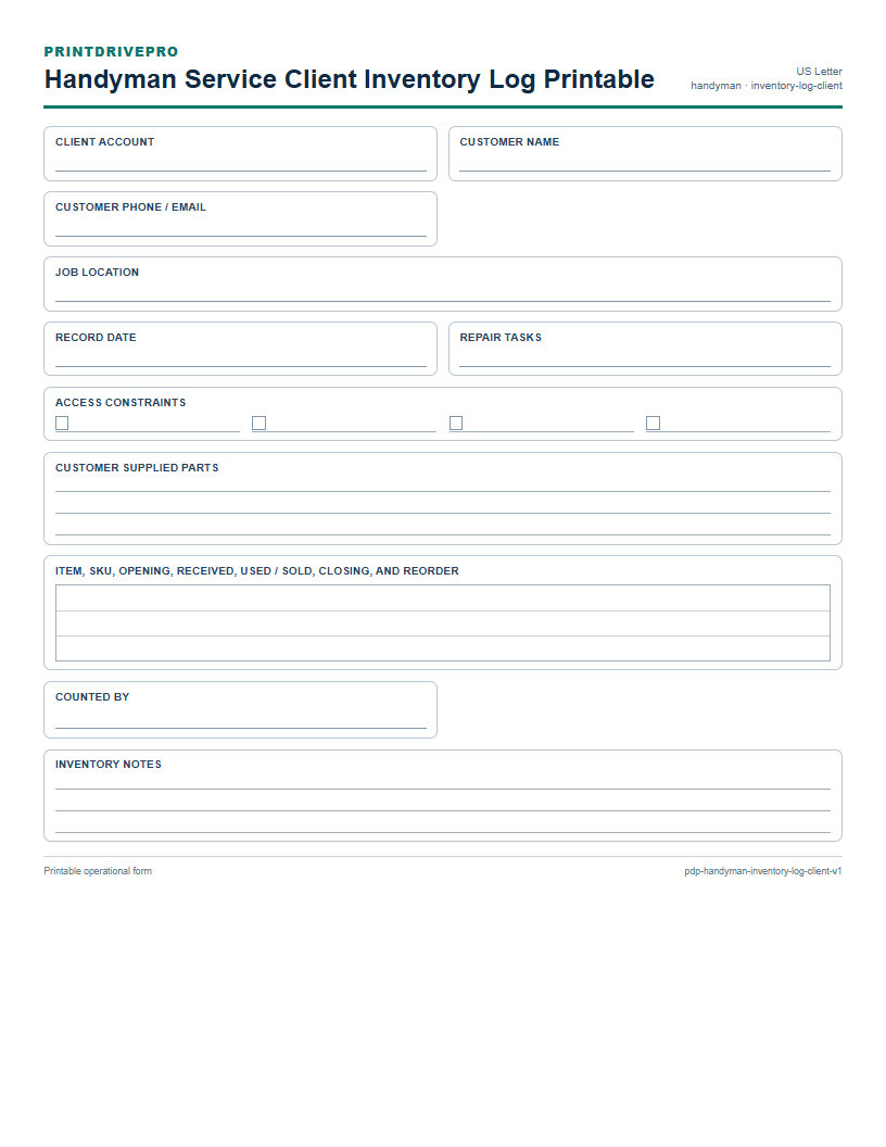 Handyman Service Client Inventory Log Printable preview