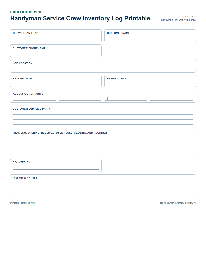 Handyman Service Crew Inventory Log Printable preview