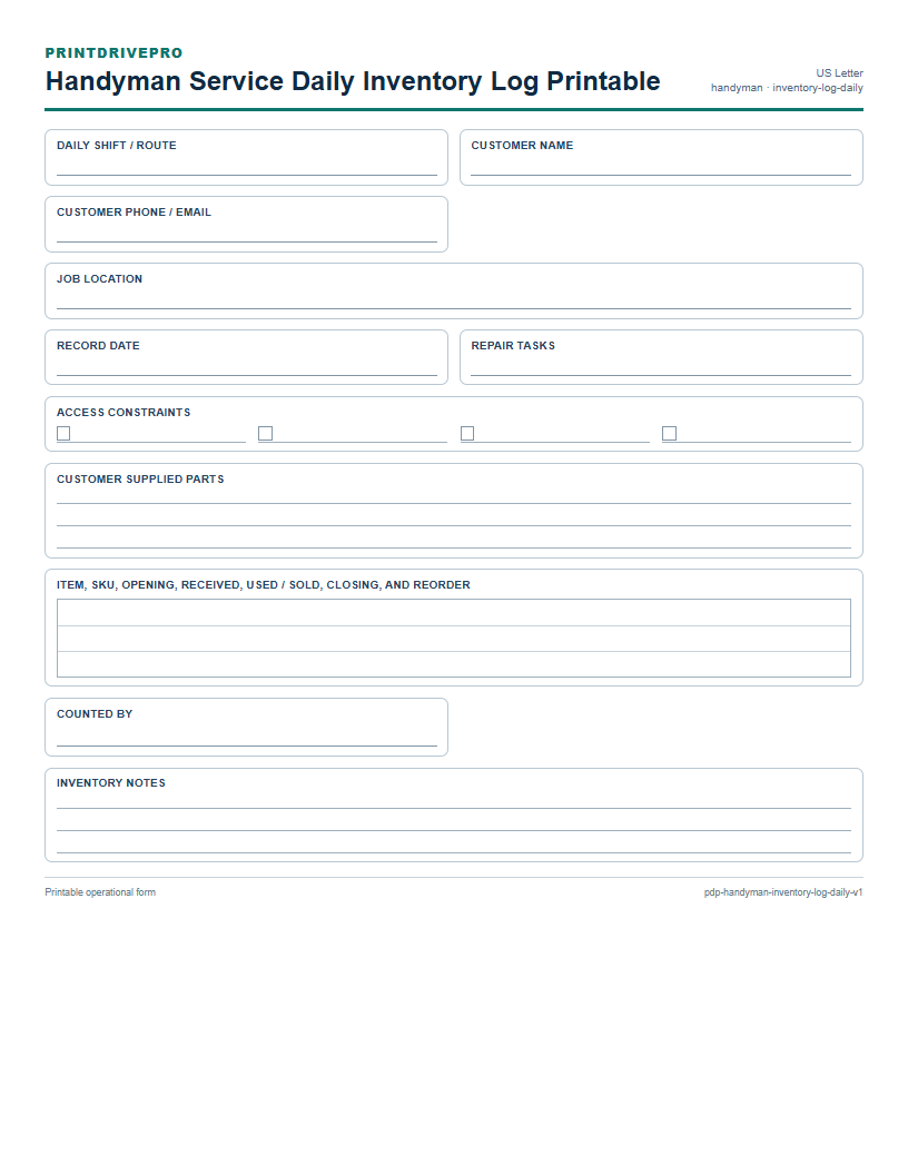 Handyman Service Daily Inventory Log Printable preview