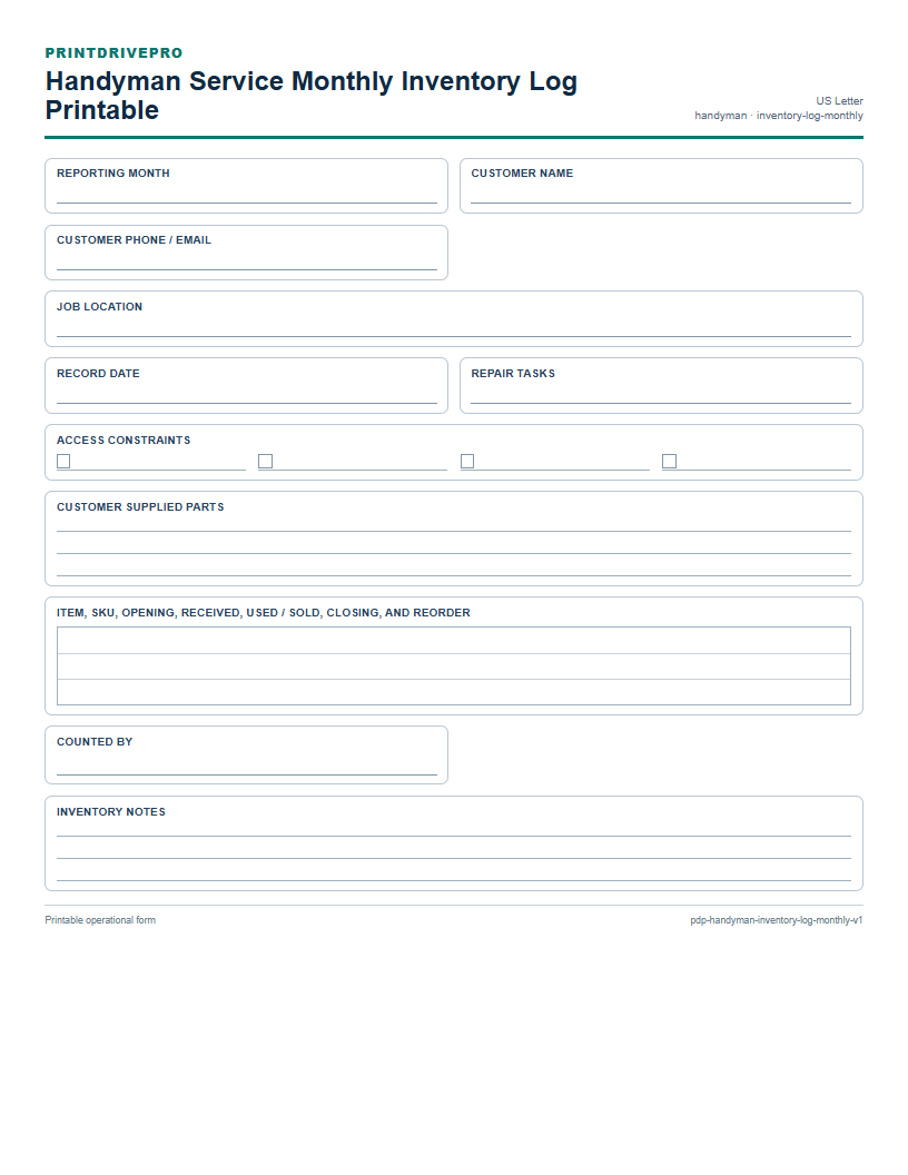 Handyman Service Monthly Inventory Log Printable preview