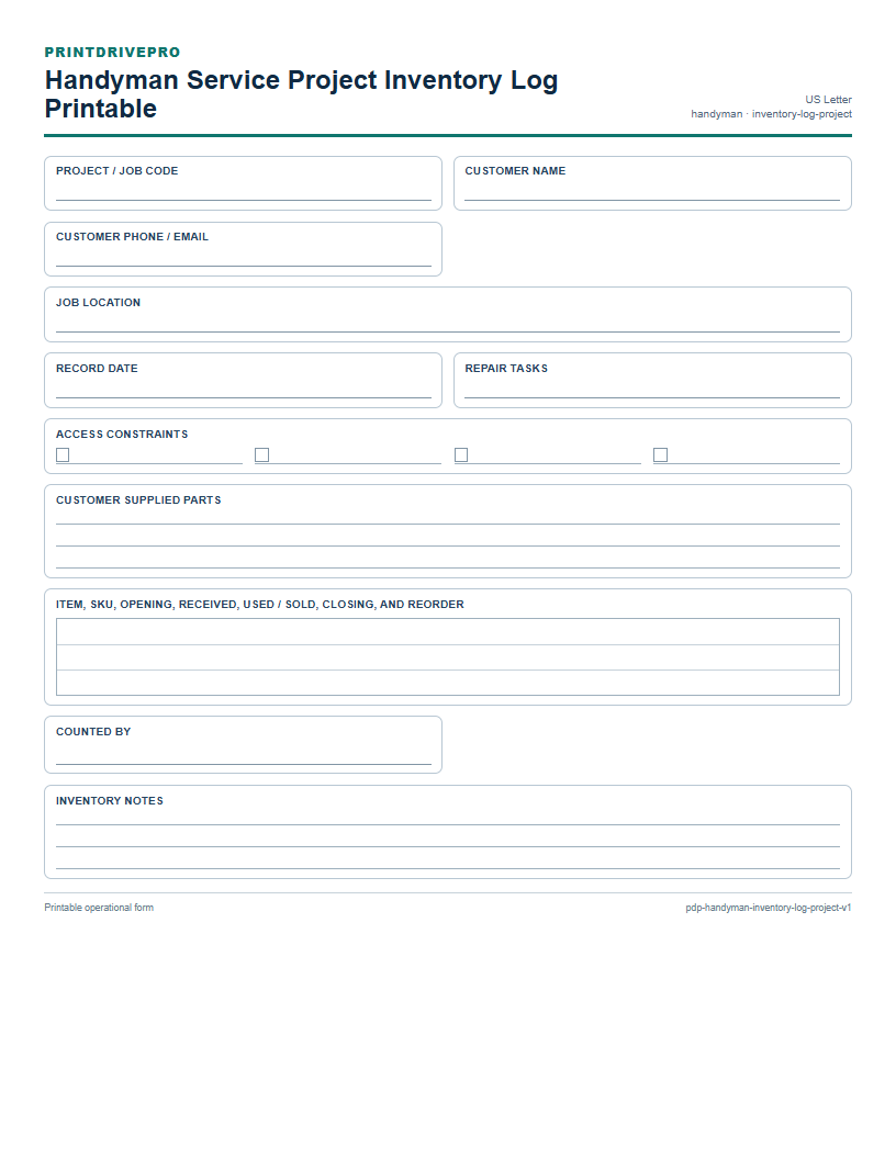 Handyman Service Project Inventory Log Printable preview