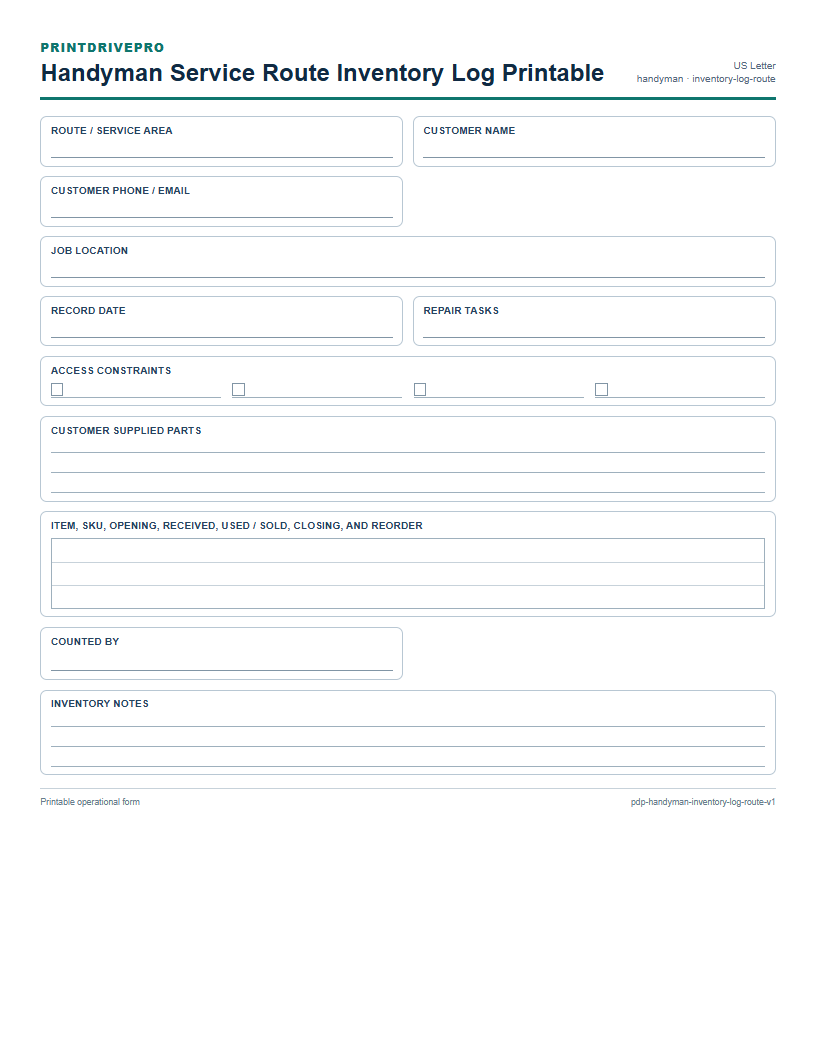 Handyman Service Route Inventory Log Printable preview